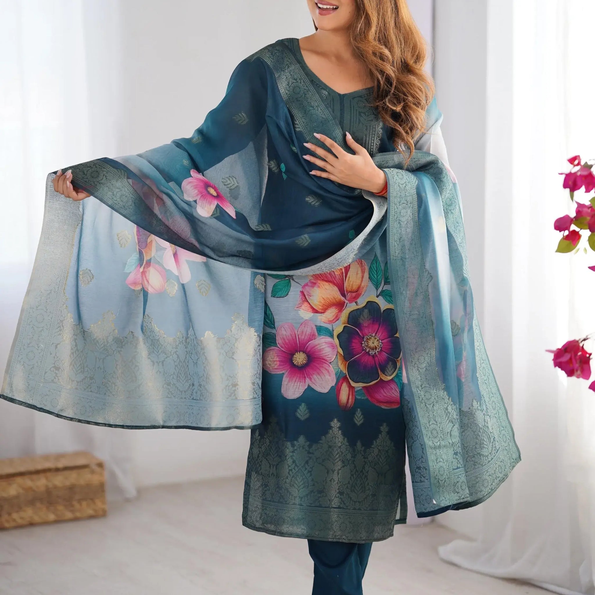 Fabulously Teal Blue Jacquard Work Chanderi Silk Traditional Pant Suit - Zeel Clothing