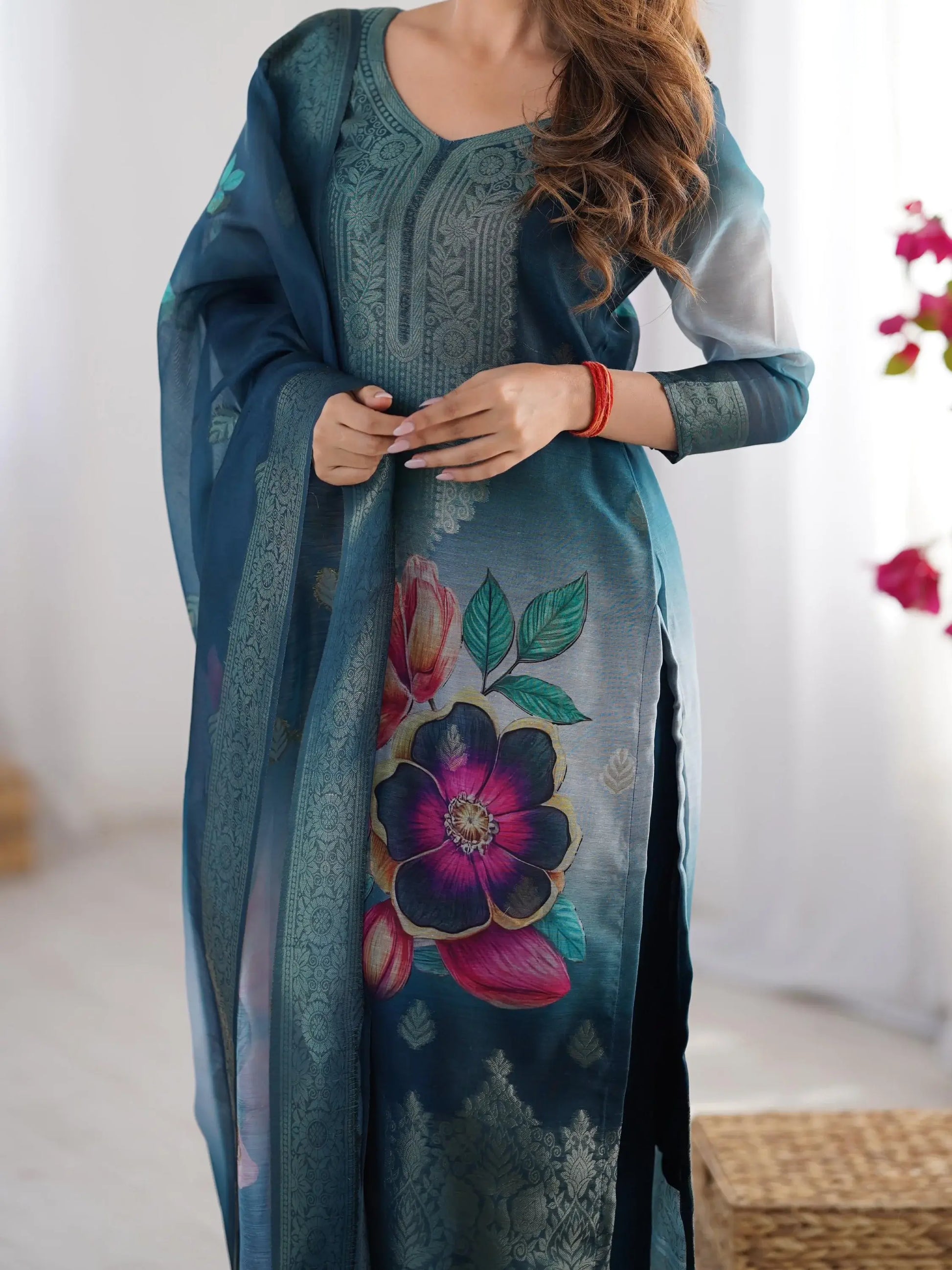 Fabulously Teal Blue Jacquard Work Chanderi Silk Traditional Pant Suit - Zeel Clothing