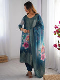 Fabulously Teal Blue Jacquard Work Chanderi Silk Traditional Pant Suit - Zeel Clothing