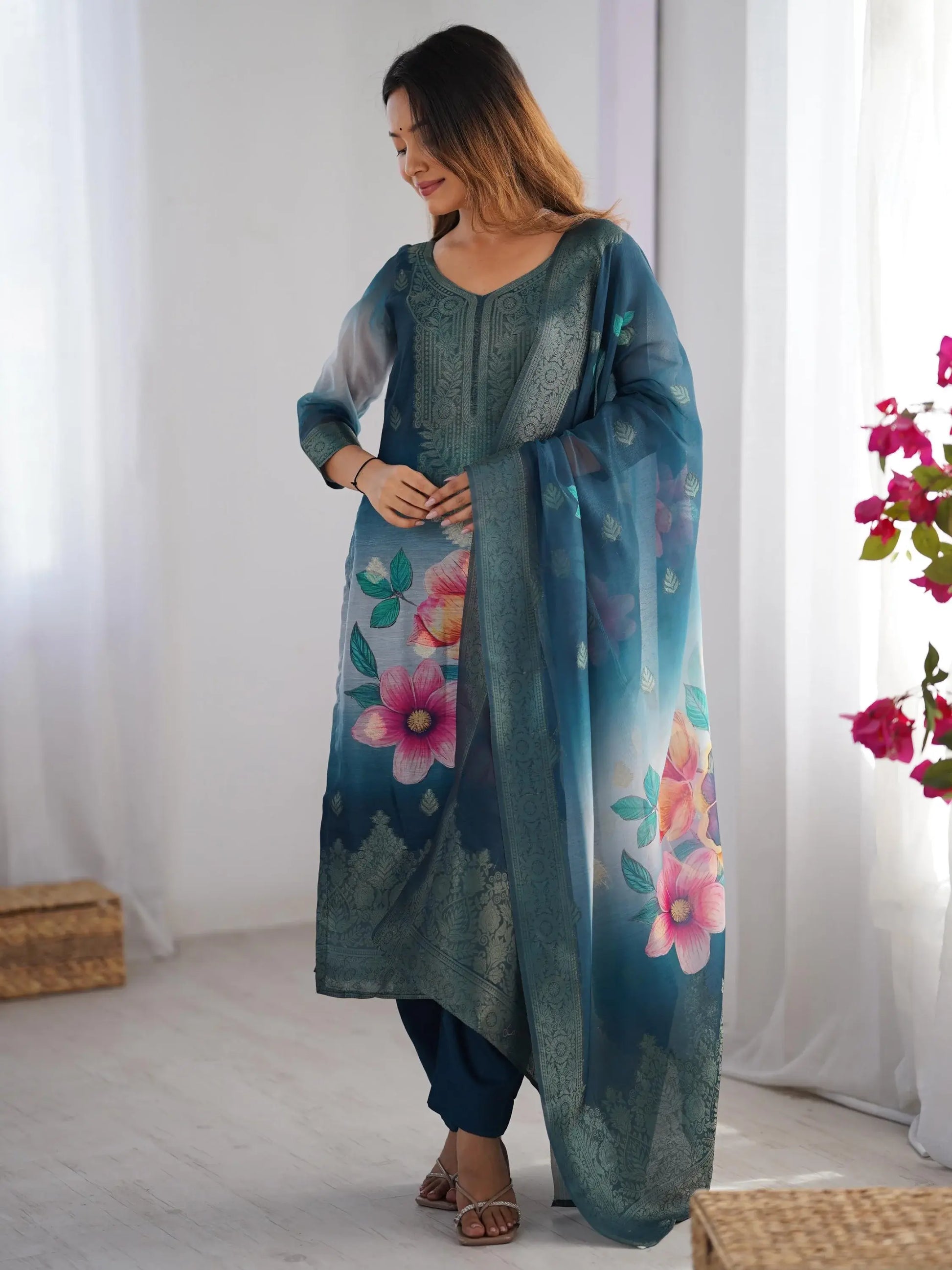 Fabulously Teal Blue Jacquard Work Chanderi Silk Traditional Pant Suit - Zeel Clothing