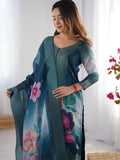 Fabulously Teal Blue Jacquard Work Chanderi Silk Traditional Pant Suit - Zeel Clothing