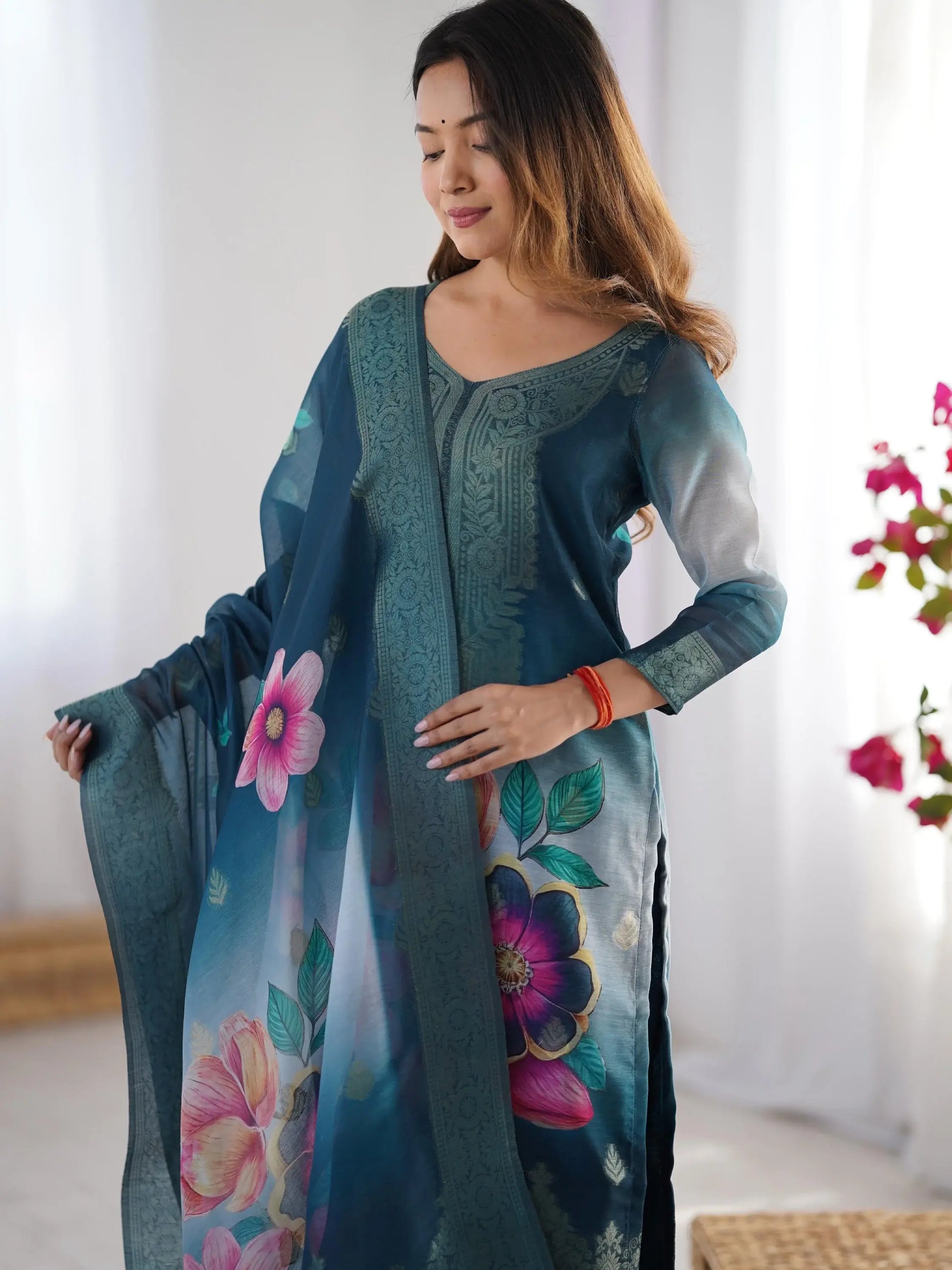 Fabulously Teal Blue Jacquard Work Chanderi Silk Traditional Pant Suit - Zeel Clothing
