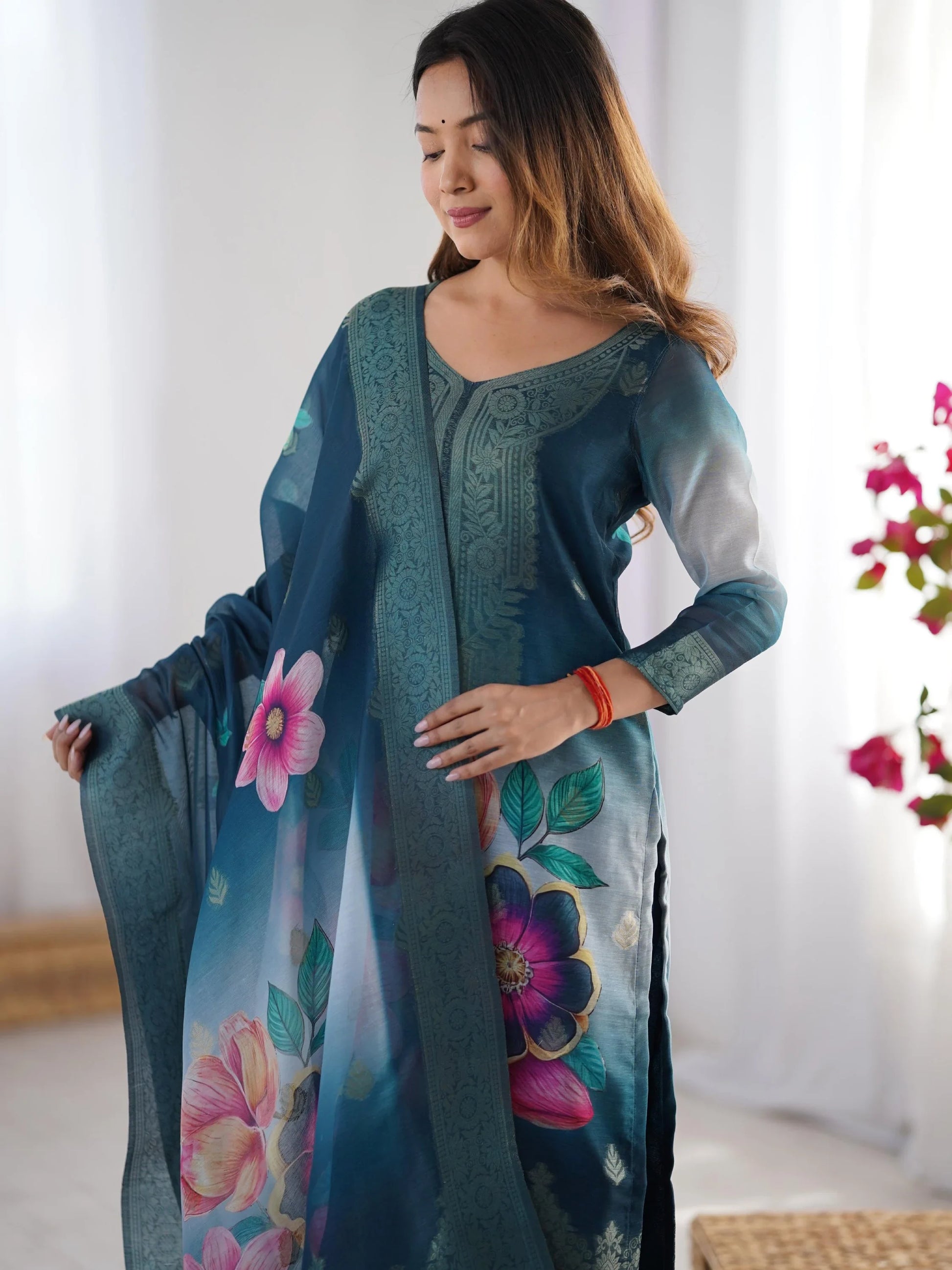 Fabulously Teal Blue Jacquard Work Chanderi Silk Traditional Pant Suit - Zeel Clothing
