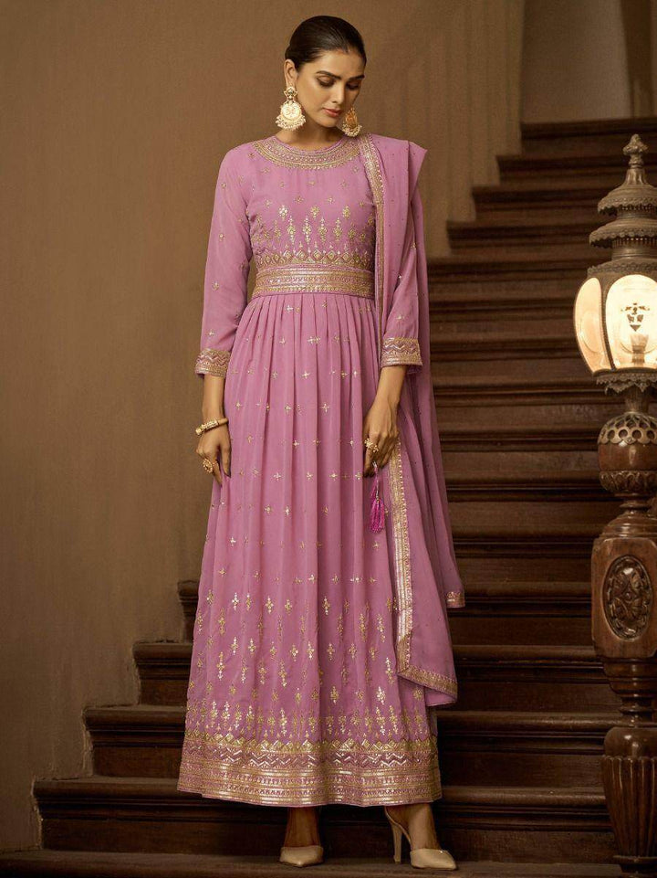 Facilitated light Pink Sequined Georgette Anarkali Suit - Zeel Clothing