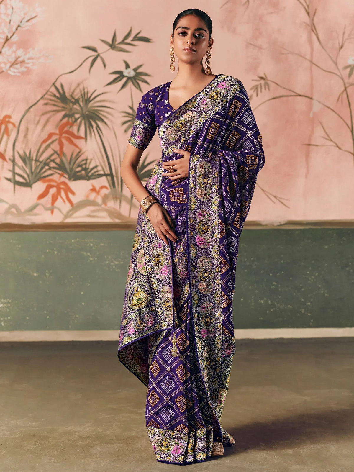 Fanatics Purple Zari Weaving Work Silk Function Wear Saree With Blouse