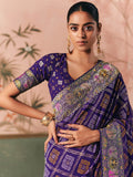 Fanatics Purple Zari Weaving Work Silk Function Wear Saree With Blouse