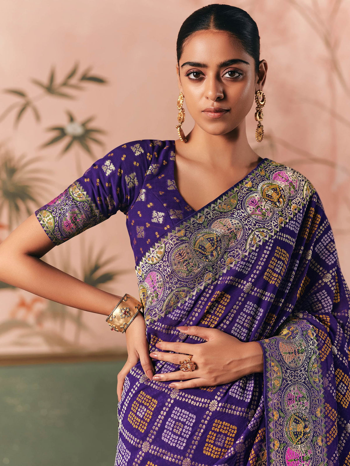 Fanatics Purple Zari Weaving Work Silk Function Wear Saree With Blouse