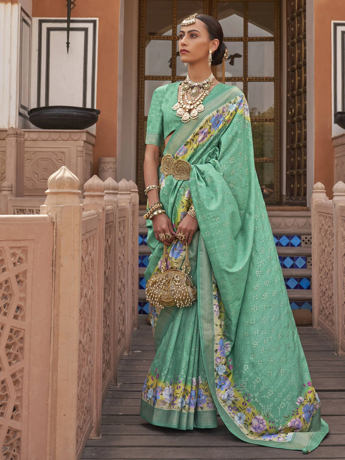 Fancified Aqua Green Floral Printed Function Wear Saree With Blouse - Zeel Clothing
