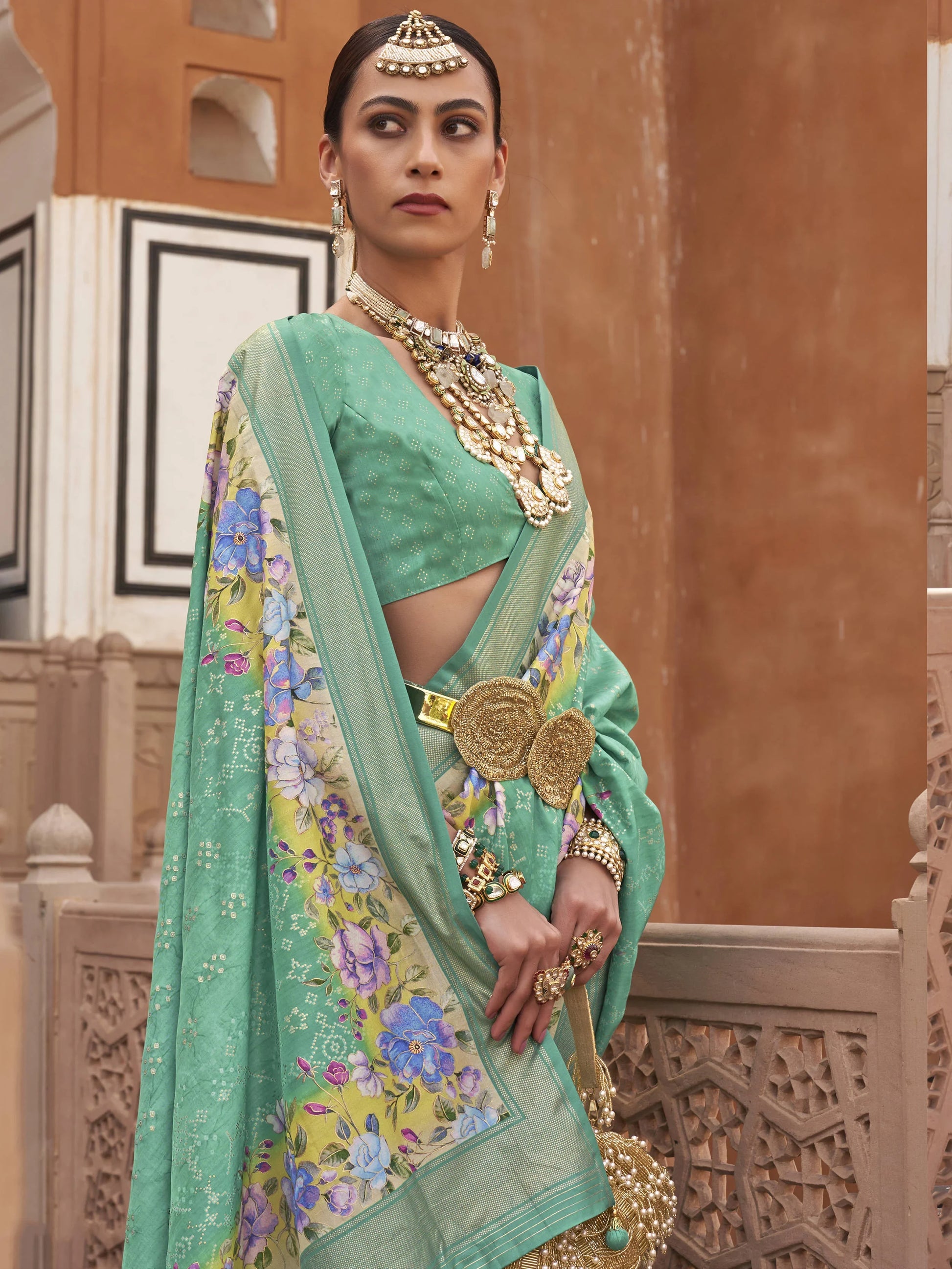 Fancified Aqua Green Floral Printed Function Wear Saree With Blouse - Zeel Clothing