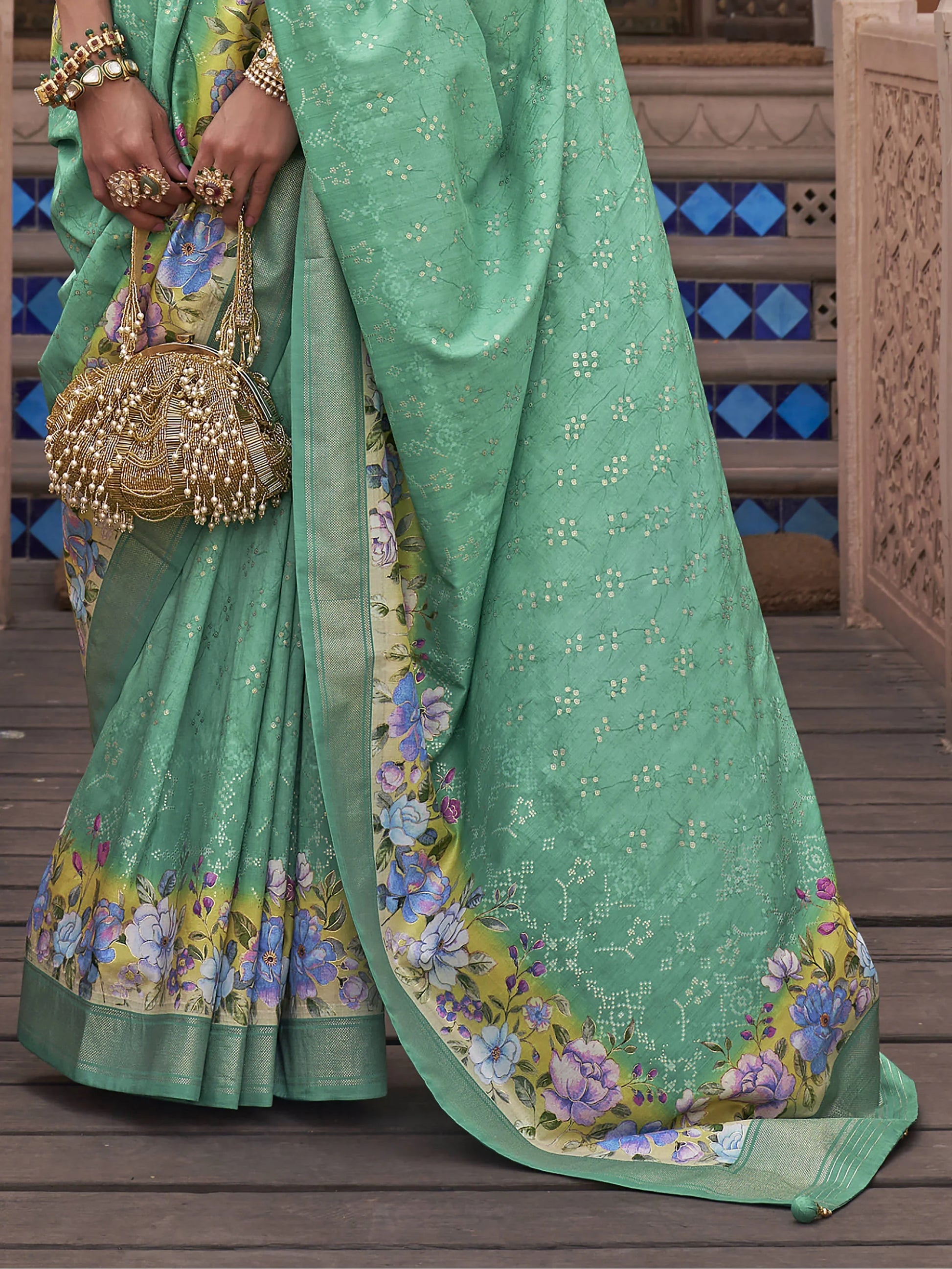 Fancified Aqua Green Floral Printed Function Wear Saree With Blouse - Zeel Clothing