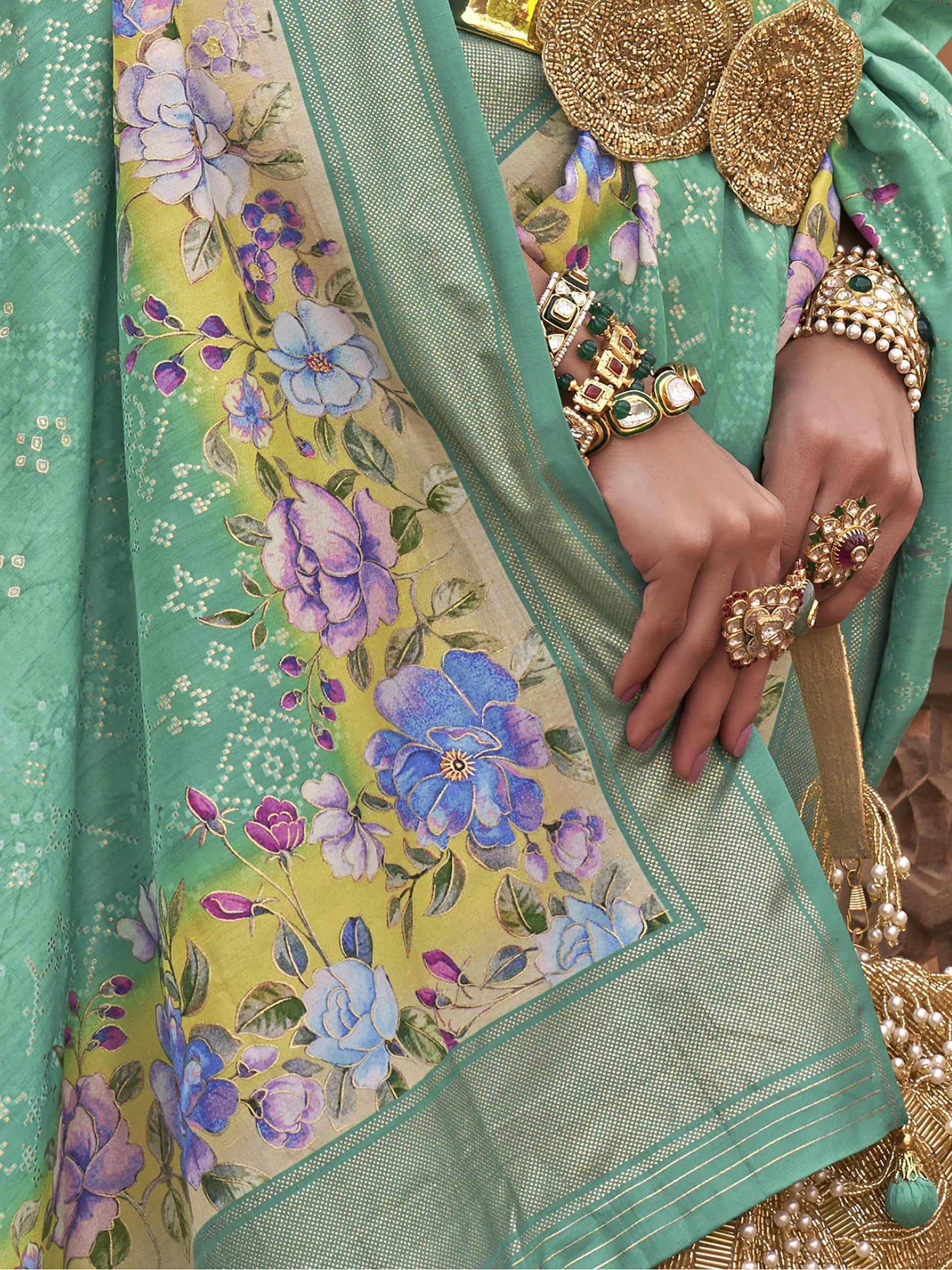 Fancified Aqua Green Floral Printed Function Wear Saree With Blouse - Zeel Clothing