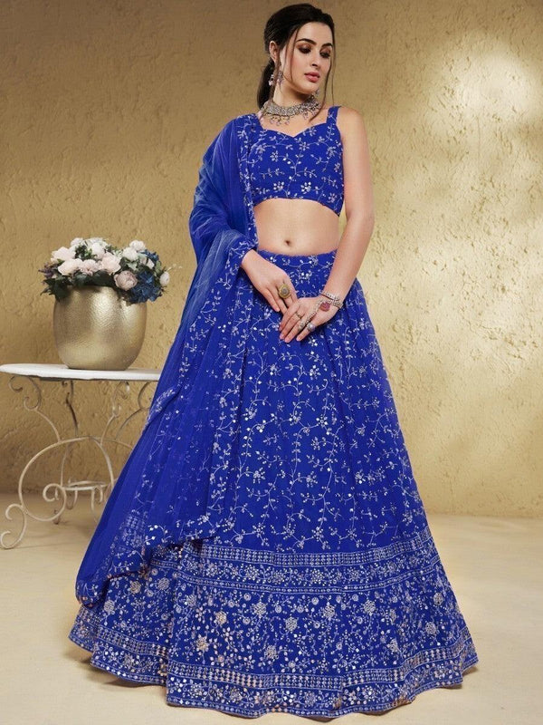 Fancified Blue Sequins Georgette Sangeet Wear Lehenga Choli