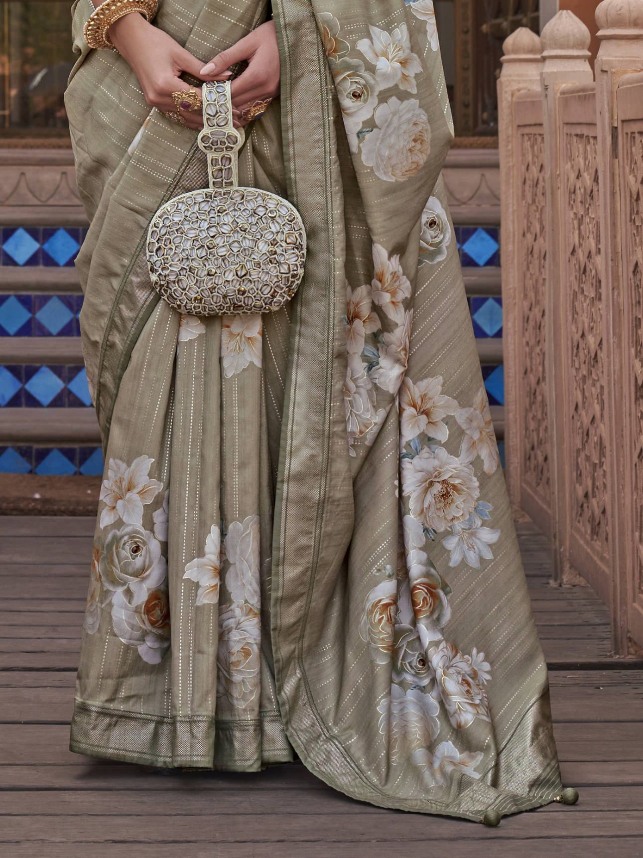 Fancified Green Floral Printed Party Wear Silk Saree With Blouse - Zeel Clothing