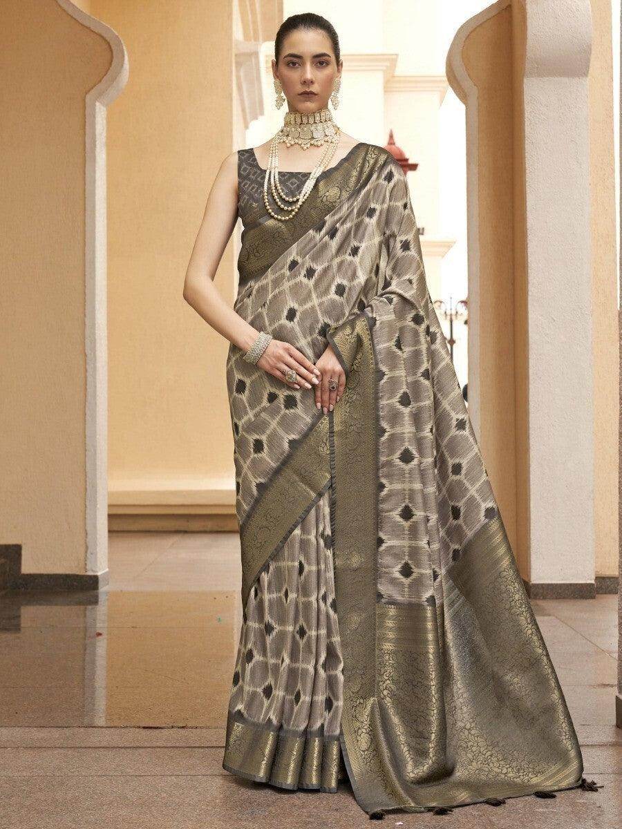 Fancified Grey & Sage Green Zari Woven Silk Saree With Blouse - Zeel Clothing
