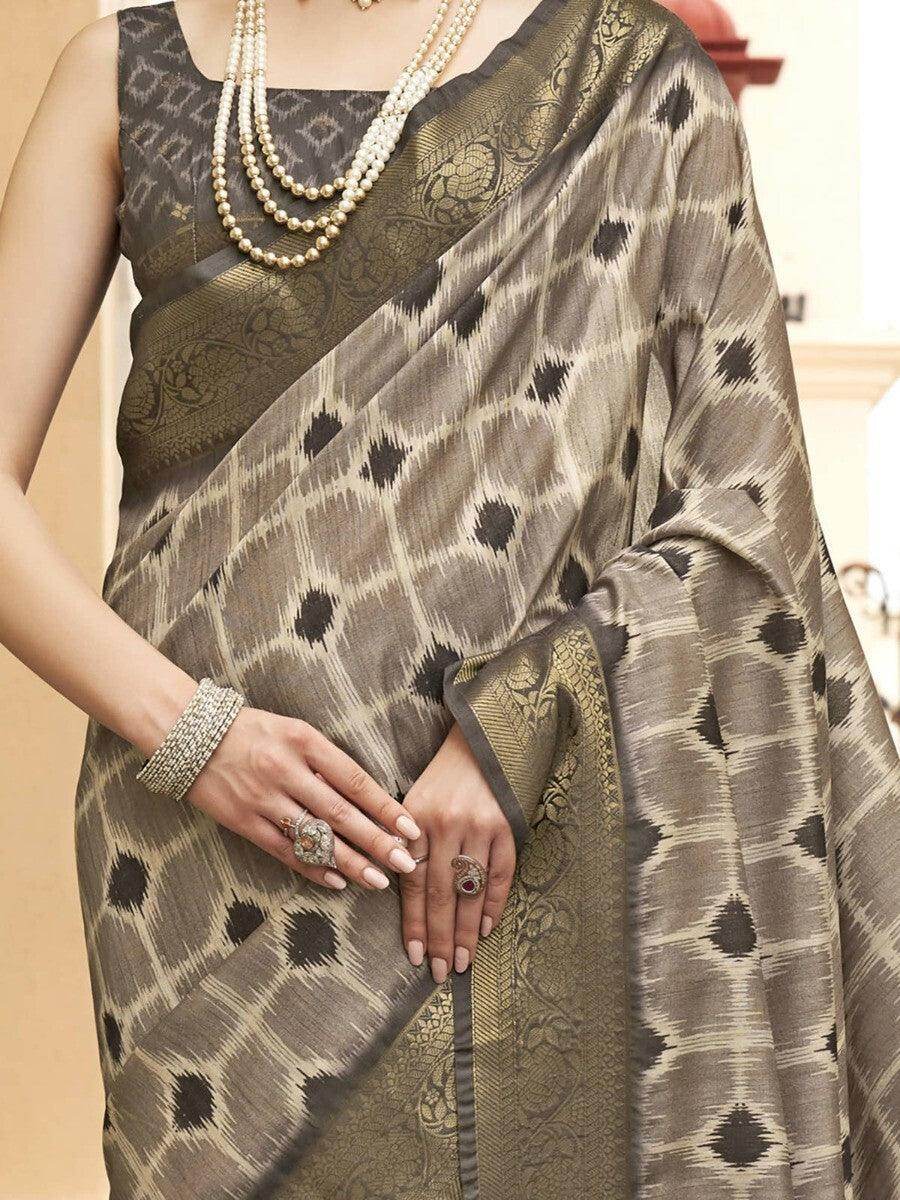 Fancified Grey & Sage Green Zari Woven Silk Saree With Blouse - Zeel Clothing