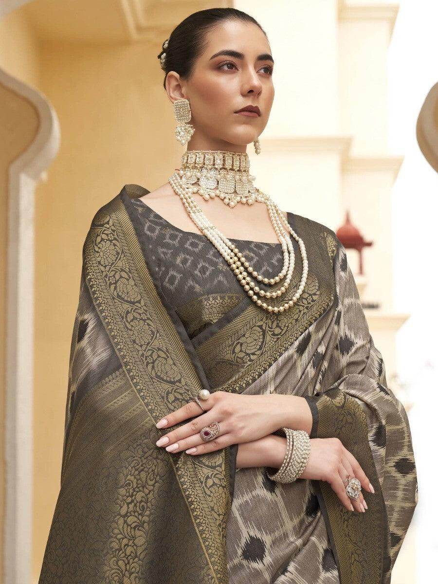 Fancified Grey & Sage Green Zari Woven Silk Saree With Blouse - Zeel Clothing