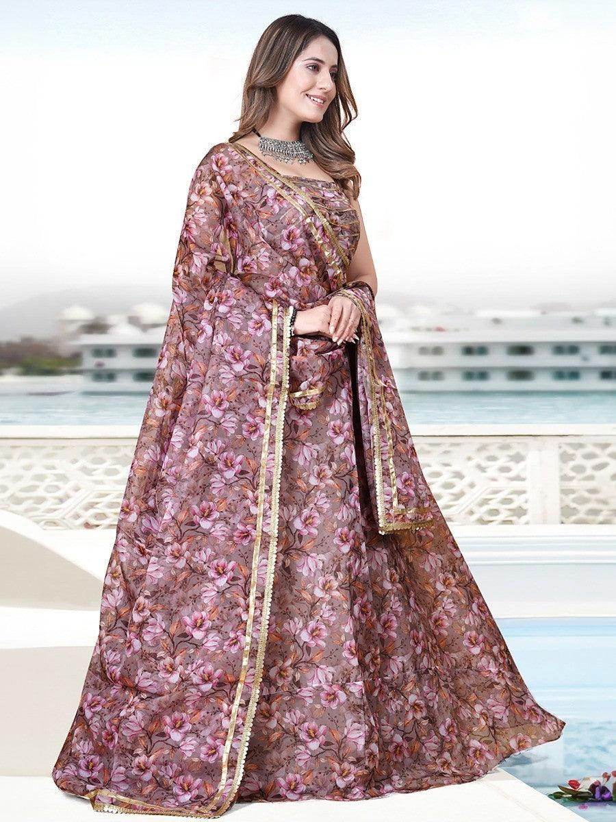 Fancified Mauve Floral Printed Organza Lehenga Choli With Dupatta - Zeel Clothing