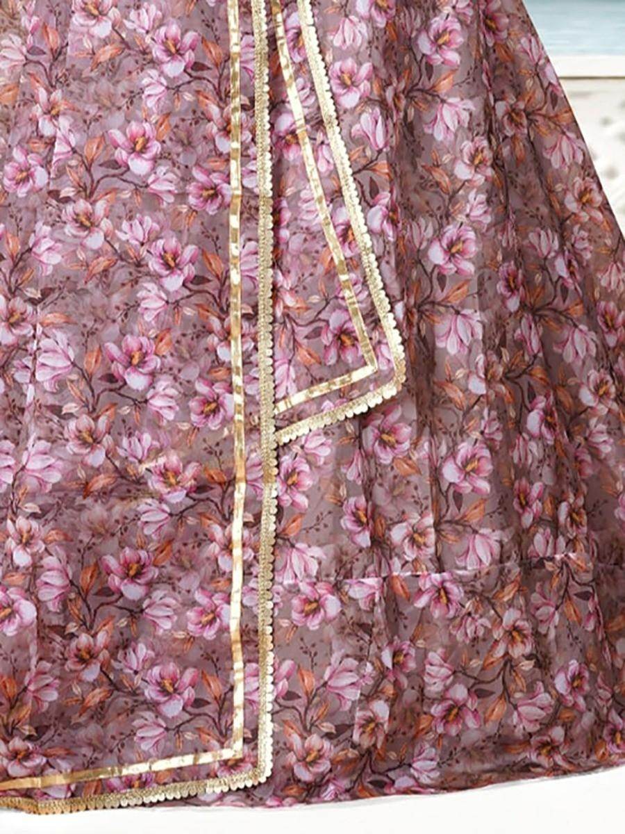 Fancified Mauve Floral Printed Organza Lehenga Choli With Dupatta - Zeel Clothing