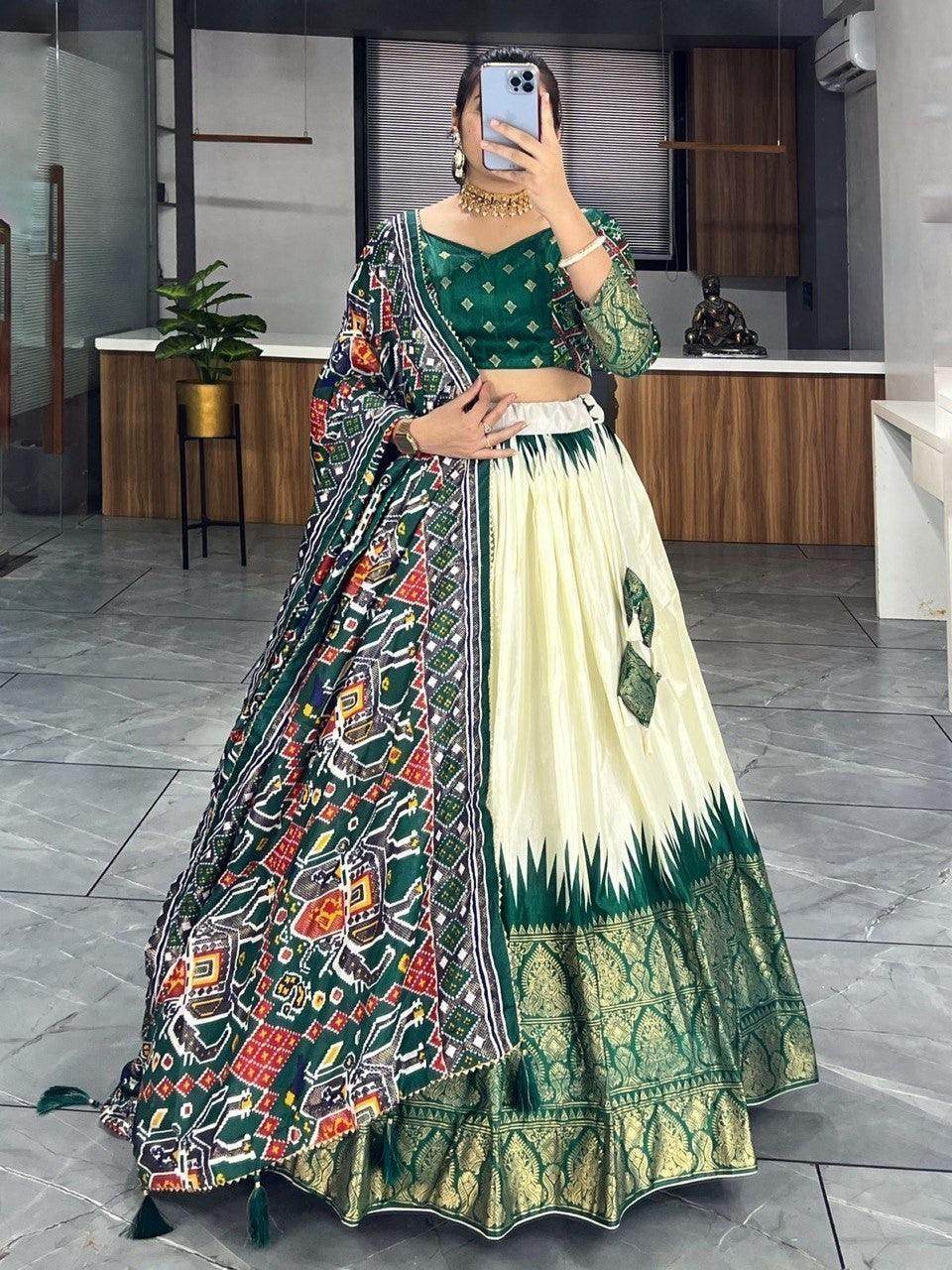Fancified Off-White & Green Patola Print Silk Lehenga Choli With Dupatta - Zeel Clothing