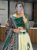 Fancified Off-White & Green Patola Print Silk Lehenga Choli With Dupatta - Zeel Clothing