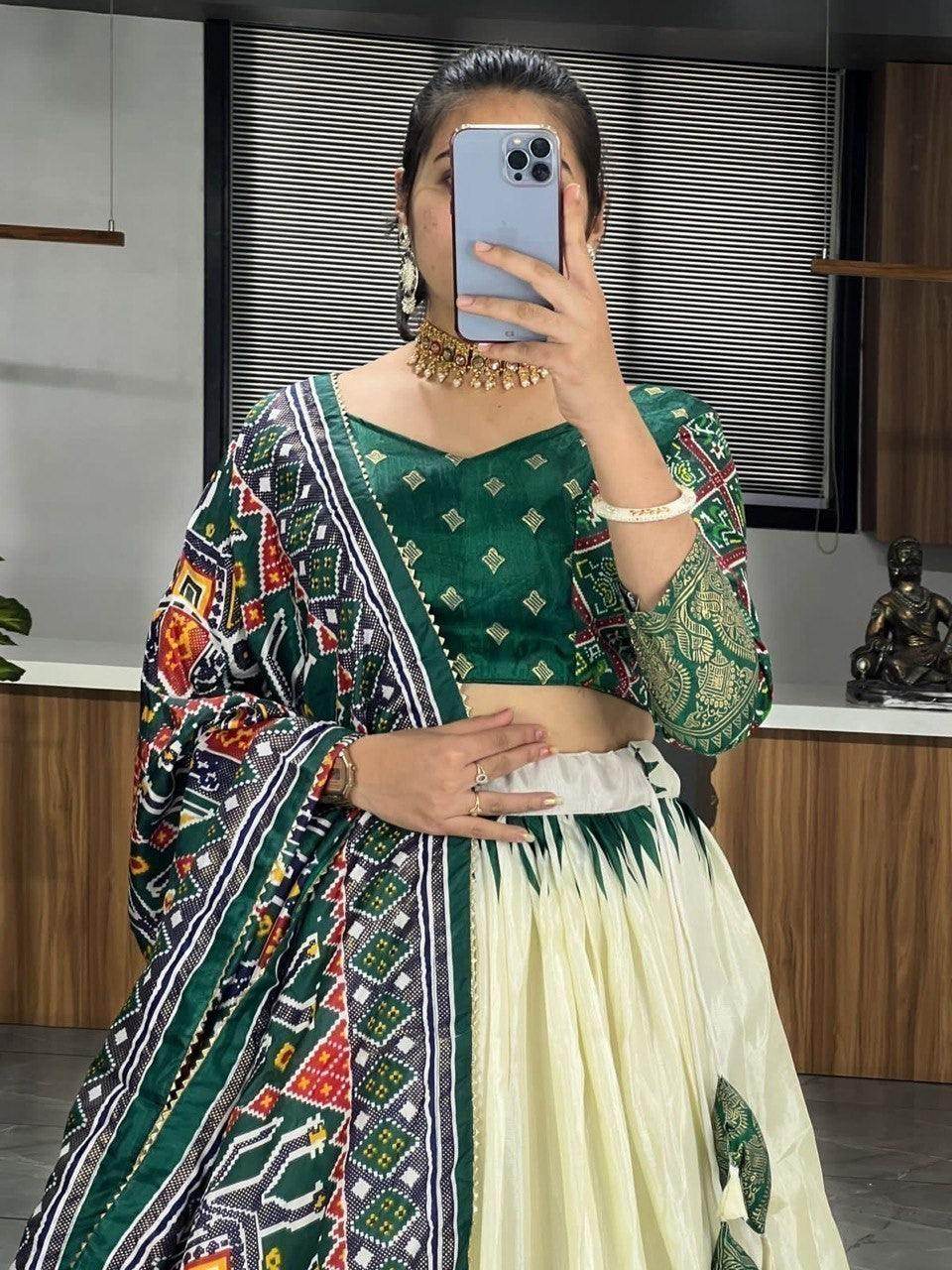 Fancified Off-White & Green Patola Print Silk Lehenga Choli With Dupatta - Zeel Clothing