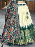 Fancified Off-White & Green Patola Print Silk Lehenga Choli With Dupatta - Zeel Clothing