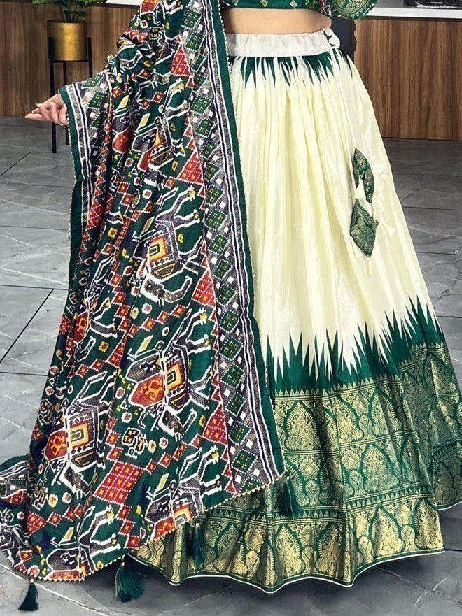 Fancified Off-White & Green Patola Print Silk Lehenga Choli With Dupatta - Zeel Clothing