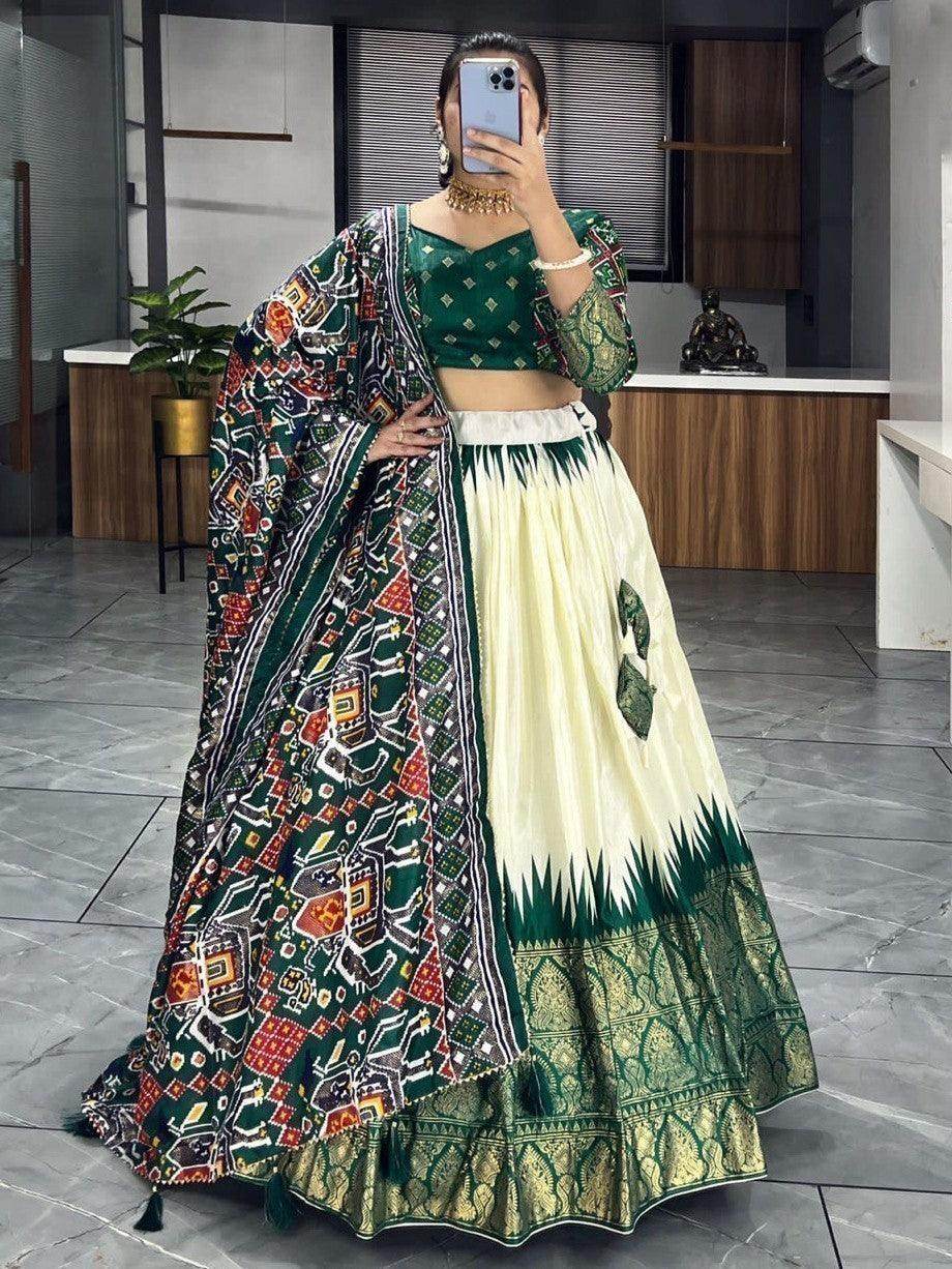 Fancified Off-White & Green Patola Print Silk Lehenga Choli With Dupatta - Zeel Clothing