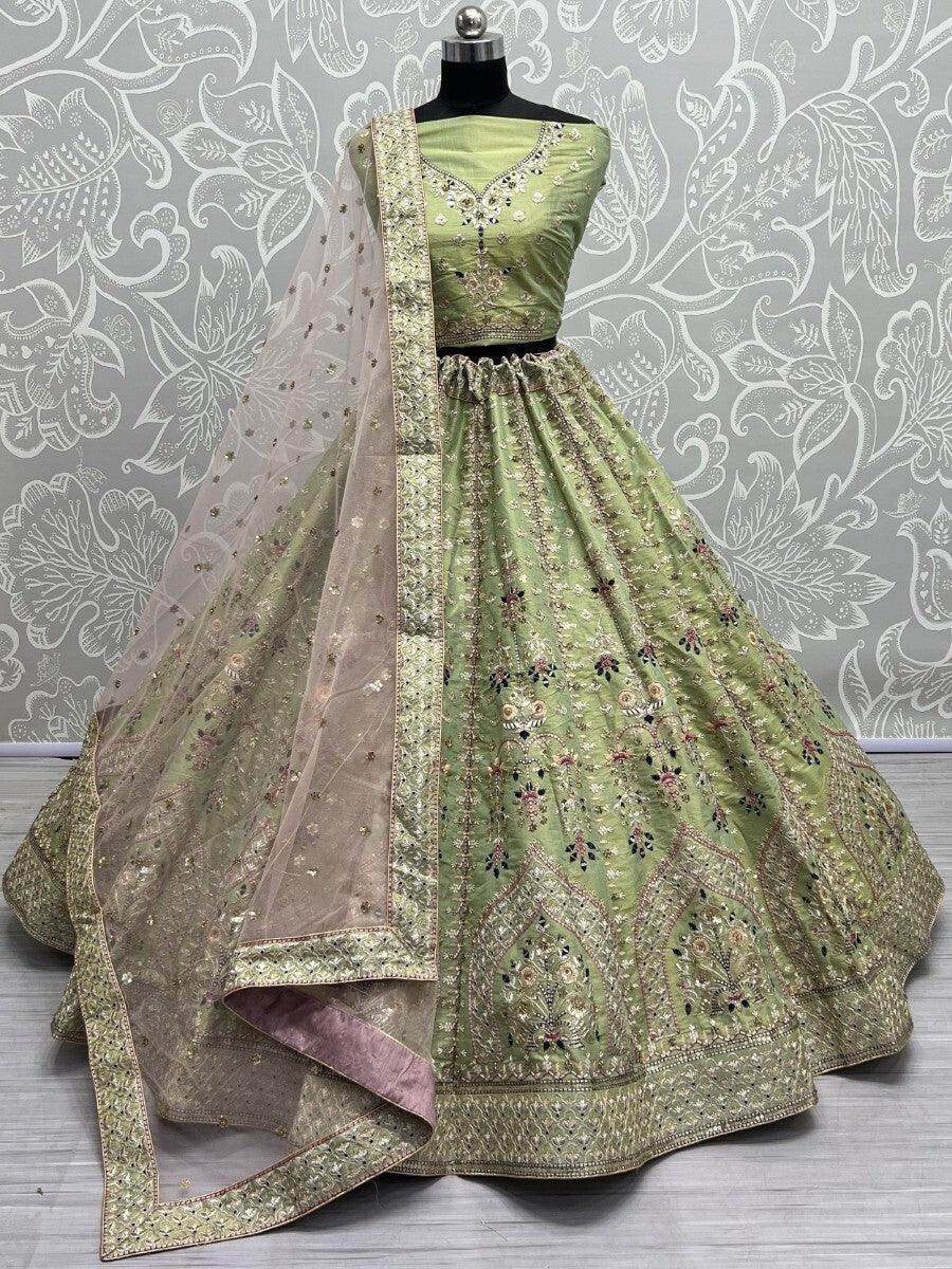 Fancified Pista Green Multi-Thread Silk Lehenga Choli With Dupatta - Zeel Clothing