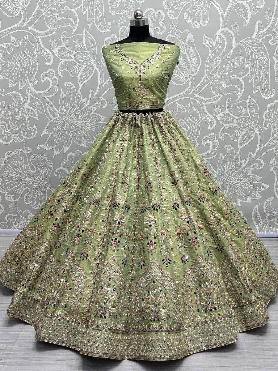 Fancified Pista Green Multi-Thread Silk Lehenga Choli With Dupatta - Zeel Clothing