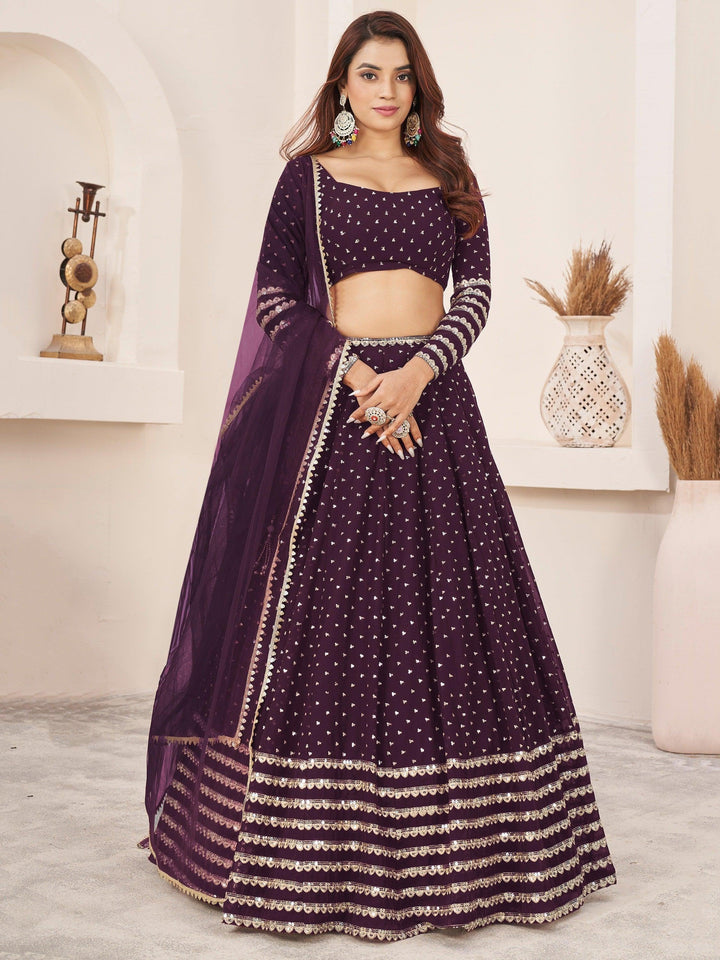 Fancified Purple Sequins Georgette Reception Wear Lehenga Choli