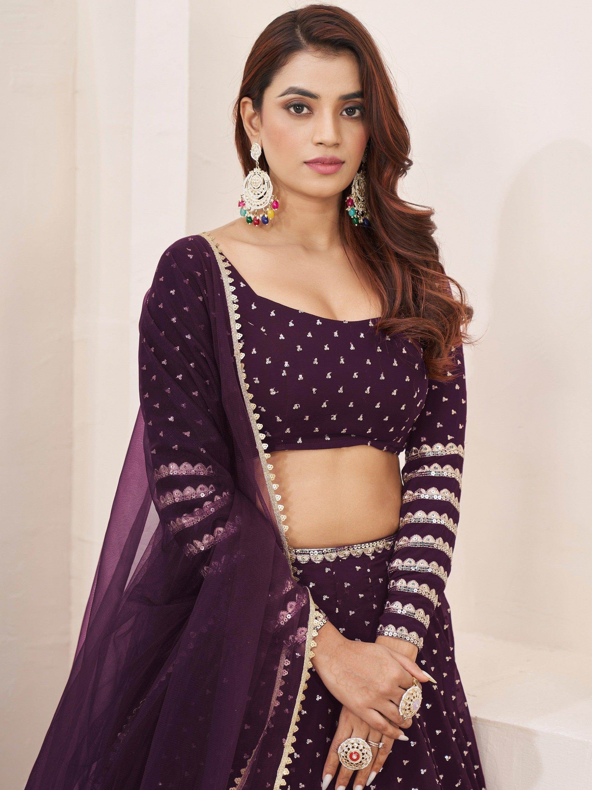 Fancified Purple Sequins Georgette Reception Wear Lehenga Choli - Zeel Clothing