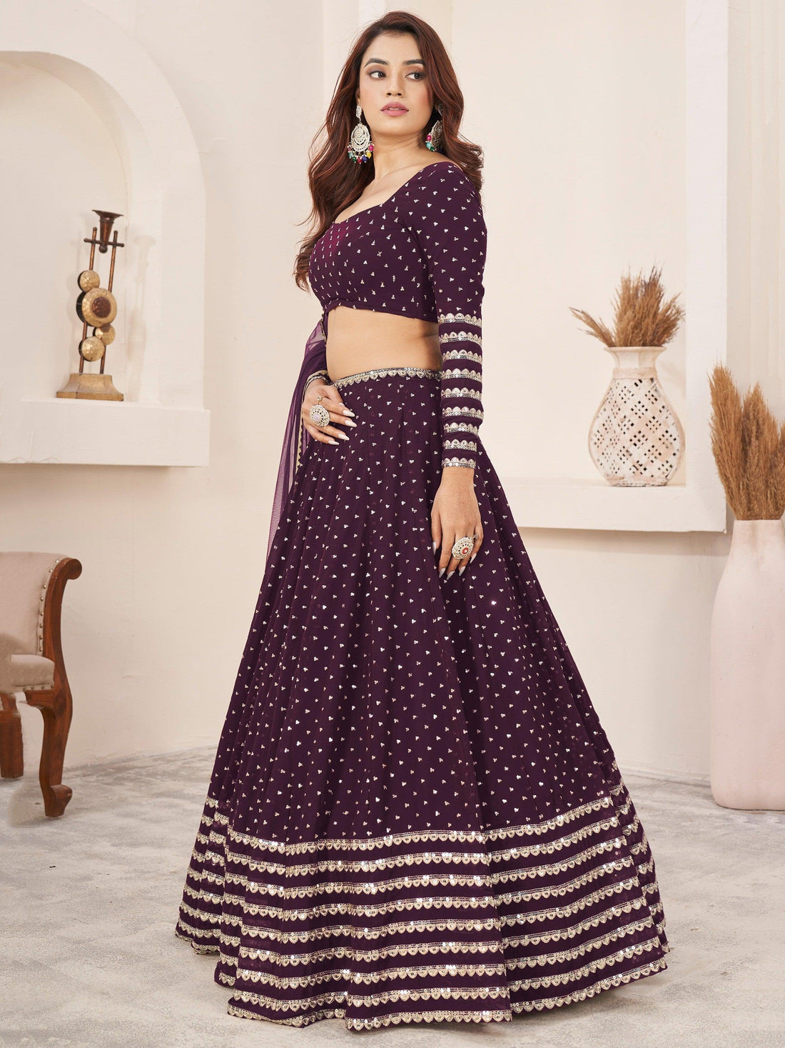 Fancified Purple Sequins Georgette Reception Wear Lehenga Choli