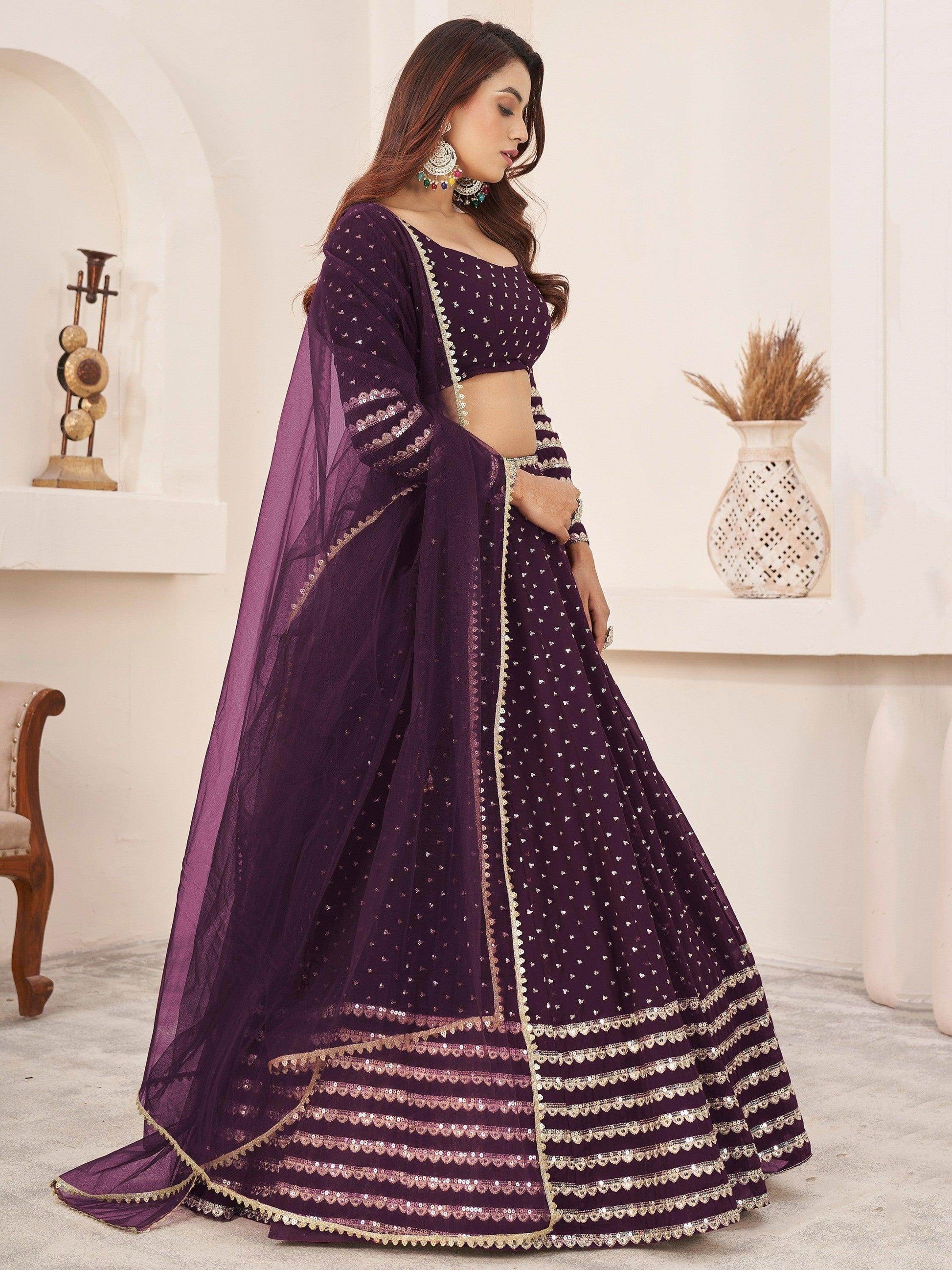 Fancified Purple Sequins Georgette Reception Wear Lehenga Choli - Zeel Clothing