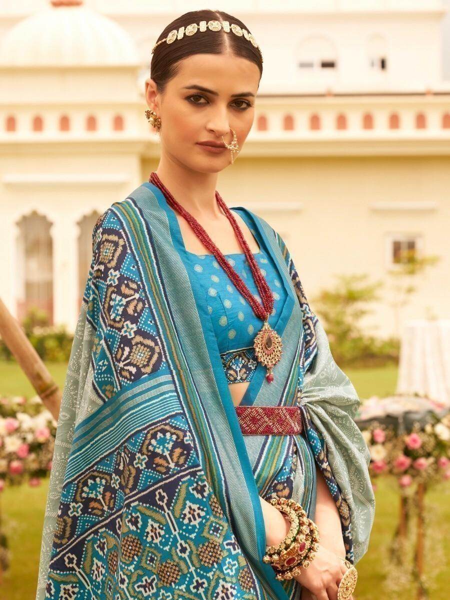 Fancified Sage Green Patola Printed Silk Festive Wear Saree With Blouse - Zeel Clothing