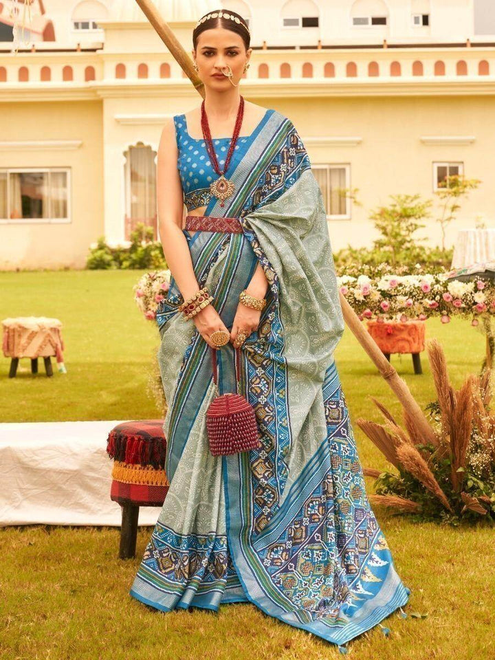 Fancified Sage Green Patola Printed Silk Festive Wear Saree With Blouse - Zeel Clothing
