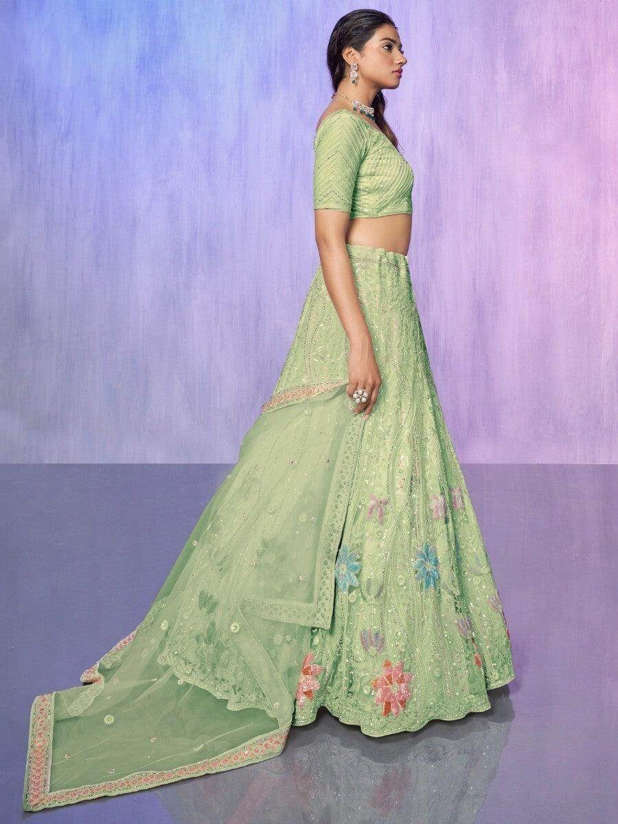 Fancified Sea Green Sequins Net Lehenga Choli With Dupatta - Zeel Clothing