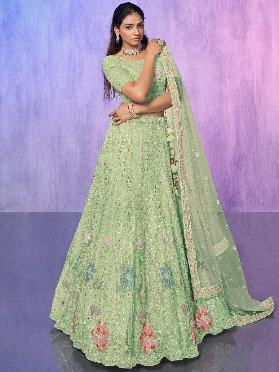 Fancified Sea Green Sequins Net Lehenga Choli With Dupatta - Zeel Clothing