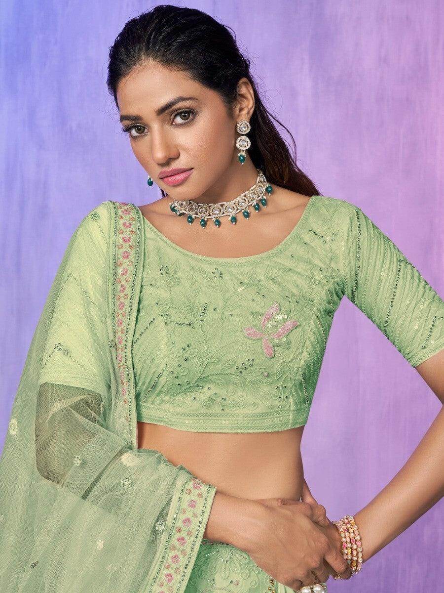 Fancified Sea Green Sequins Net Lehenga Choli With Dupatta - Zeel Clothing
