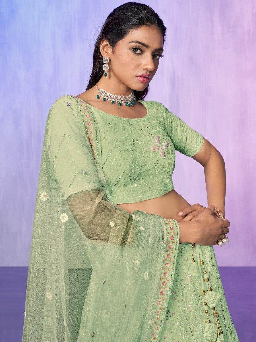 Fancified Sea Green Sequins Net Lehenga Choli With Dupatta - Zeel Clothing