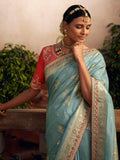 Fancified Sky Blue Zari Woven Events Wear Silk Saree With Blouse - Zeel Clothing