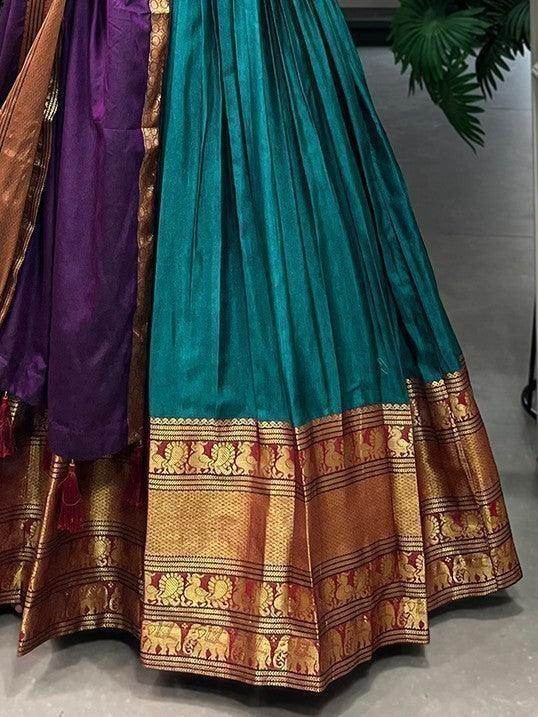 Fancified Teal Blue Zari Woven Cotton Festive Wear Gown With Dupatta - Zeel Clothing