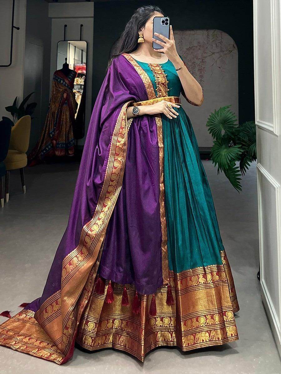 Fancified Teal Blue Zari Woven Cotton Festive Wear Gown With Dupatta - Zeel Clothing