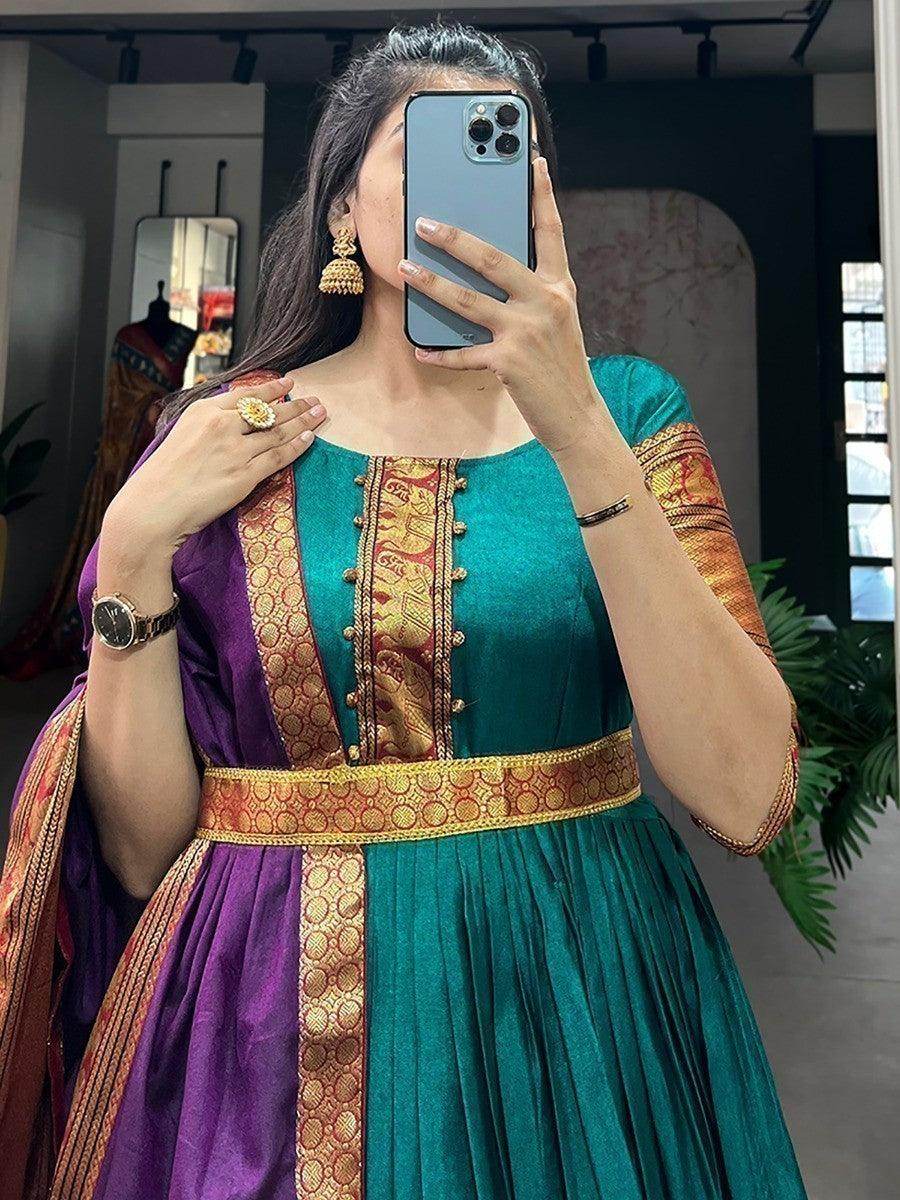 Fancified Teal Blue Zari Woven Cotton Festive Wear Gown With Dupatta - Zeel Clothing