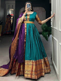 Fancified Teal Blue Zari Woven Cotton Festive Wear Gown With Dupatta - Zeel Clothing