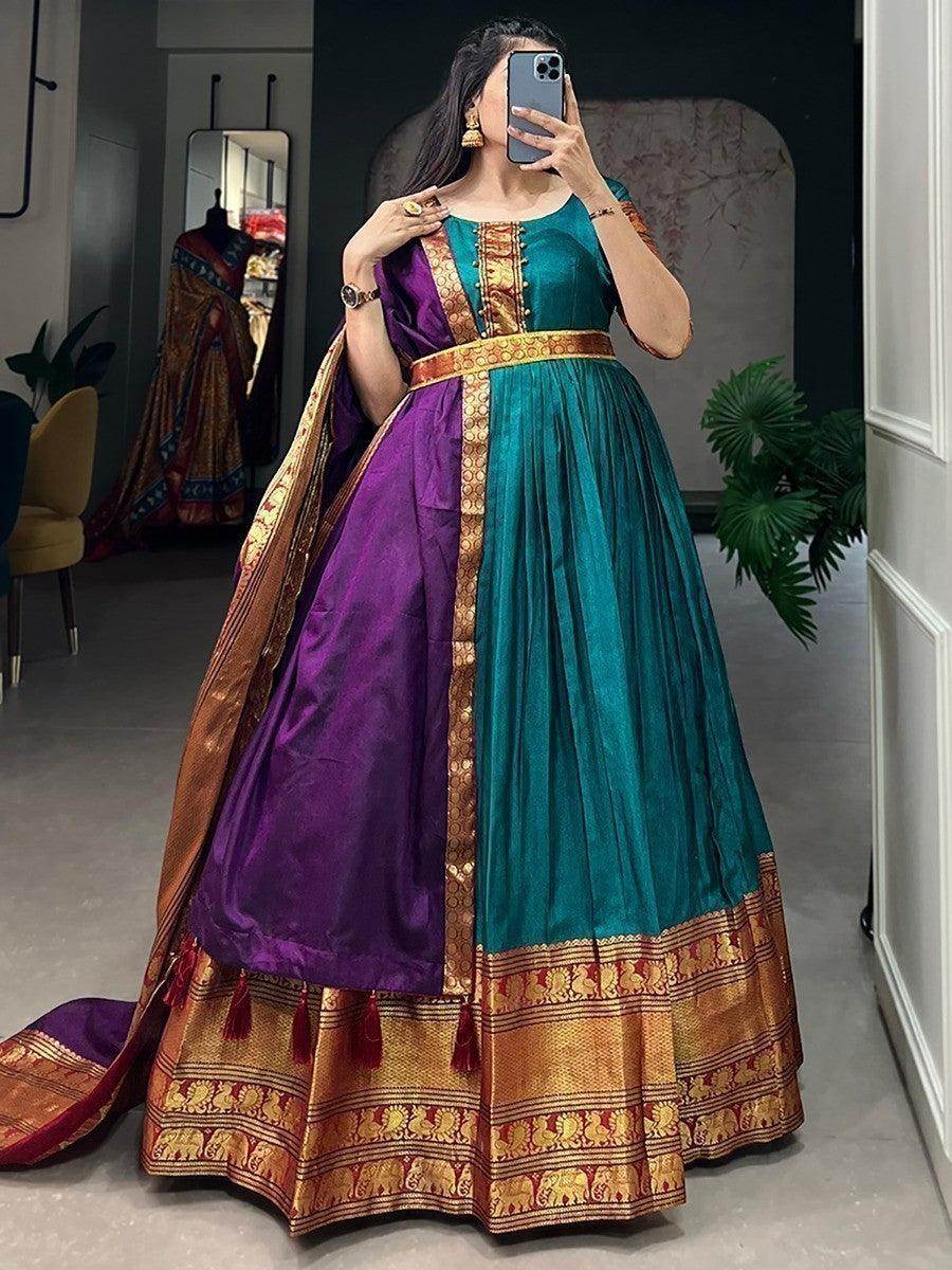 Fancified Teal Blue Zari Woven Cotton Festive Wear Gown With Dupatta - Zeel Clothing