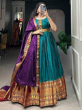 Fancified Teal Blue Zari Woven Cotton Festive Wear Gown With Dupatta - Zeel Clothing