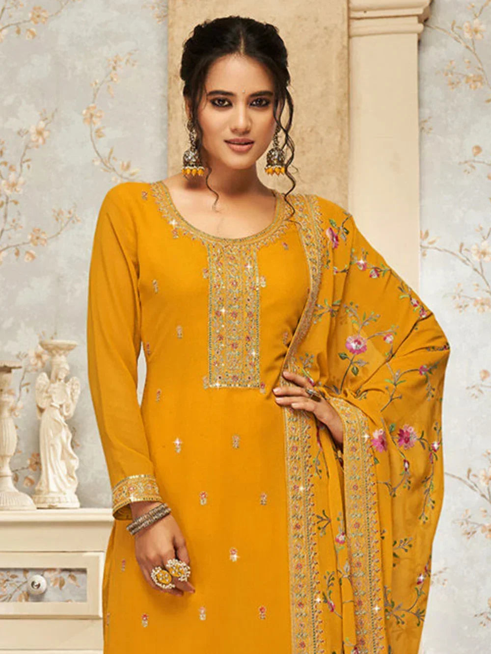 Fancified Yellow Embroidered Georgette Festive Wear Palazzo Suit - Zeel Clothing