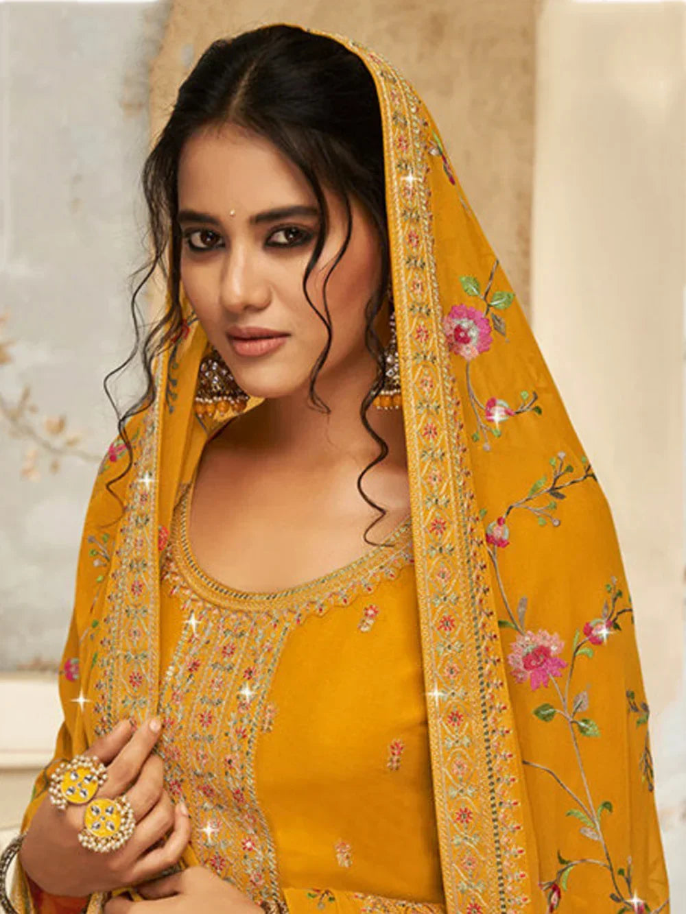 Fancified Yellow Embroidered Georgette Festive Wear Palazzo Suit - Zeel Clothing