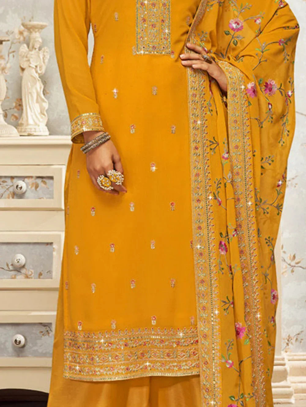 Fancified Yellow Embroidered Georgette Festive Wear Palazzo Suit - Zeel Clothing